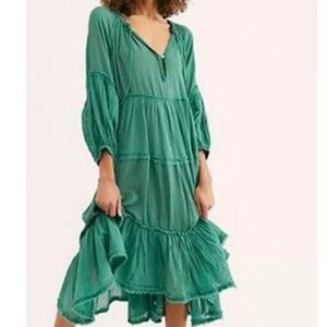 Green Tiered V-Neck Midi Dress Free People